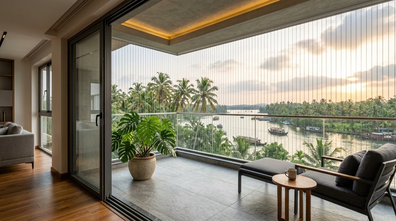 Invisible Grills installed on apartment balcony in Kochi overlooking Kerala backwaters